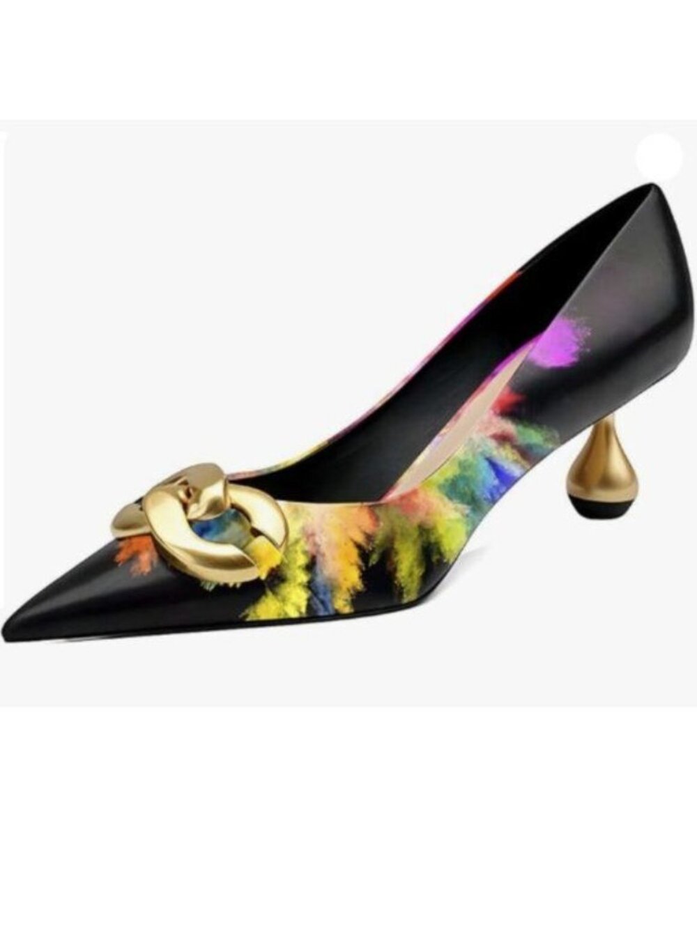 XYD Low Heel Closed Pointed Toe Pumps with Metal Chain Solid Golden Heeled Shoes